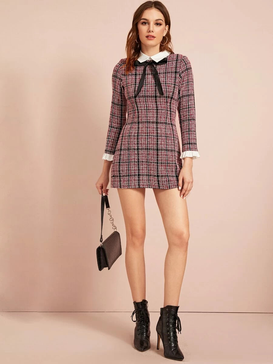 Plaid Tie Detail Ruffle Cuff Tweed Dress Periwinkley Shop