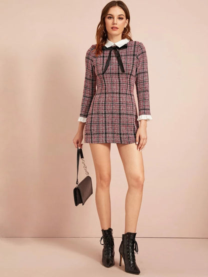 Plaid Tie Detail Ruffle Cuff Tweed Dress Periwinkley Shop