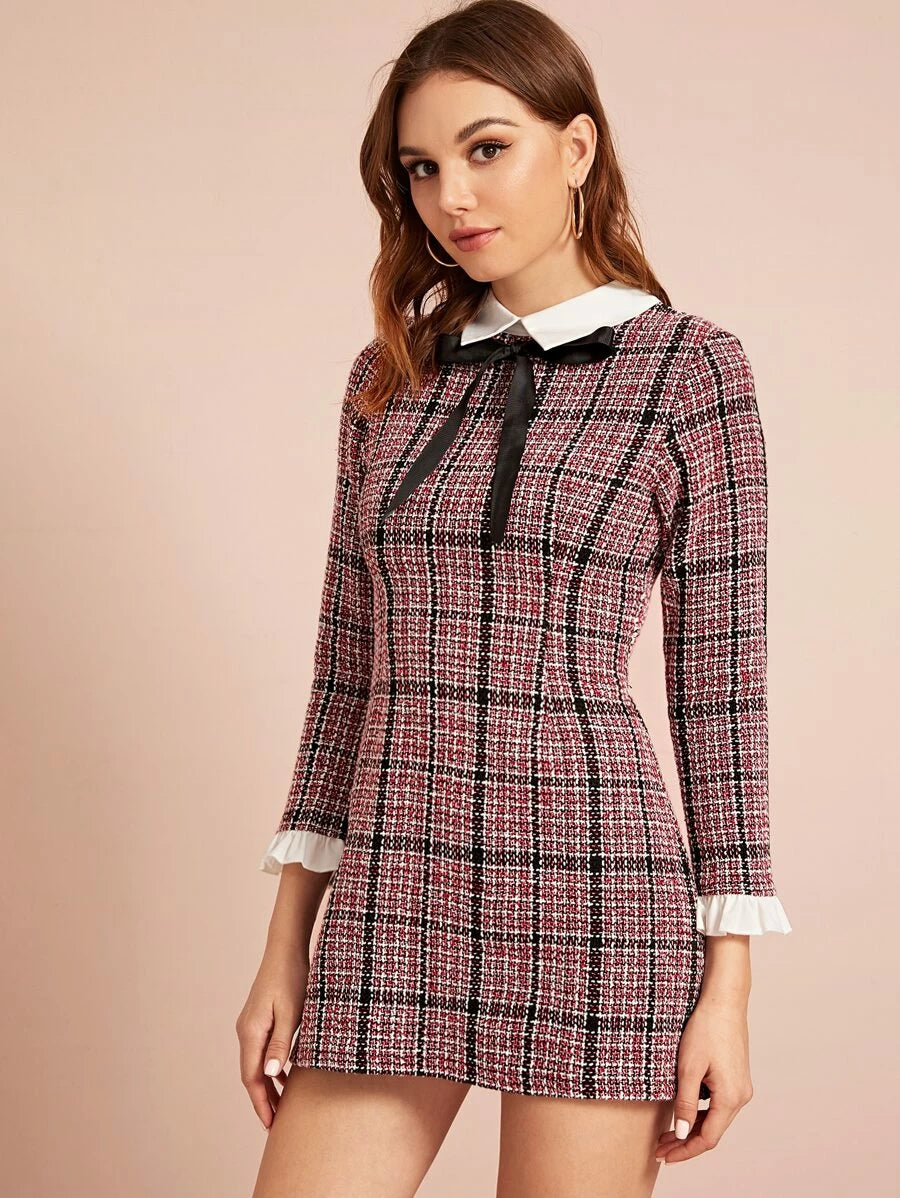 Plaid Tie Detail Ruffle Cuff Tweed Dress Periwinkley Shop
