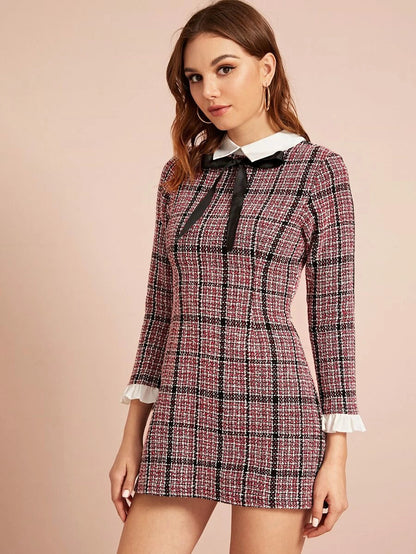 Plaid Tie Detail Ruffle Cuff Tweed Dress Periwinkley Shop