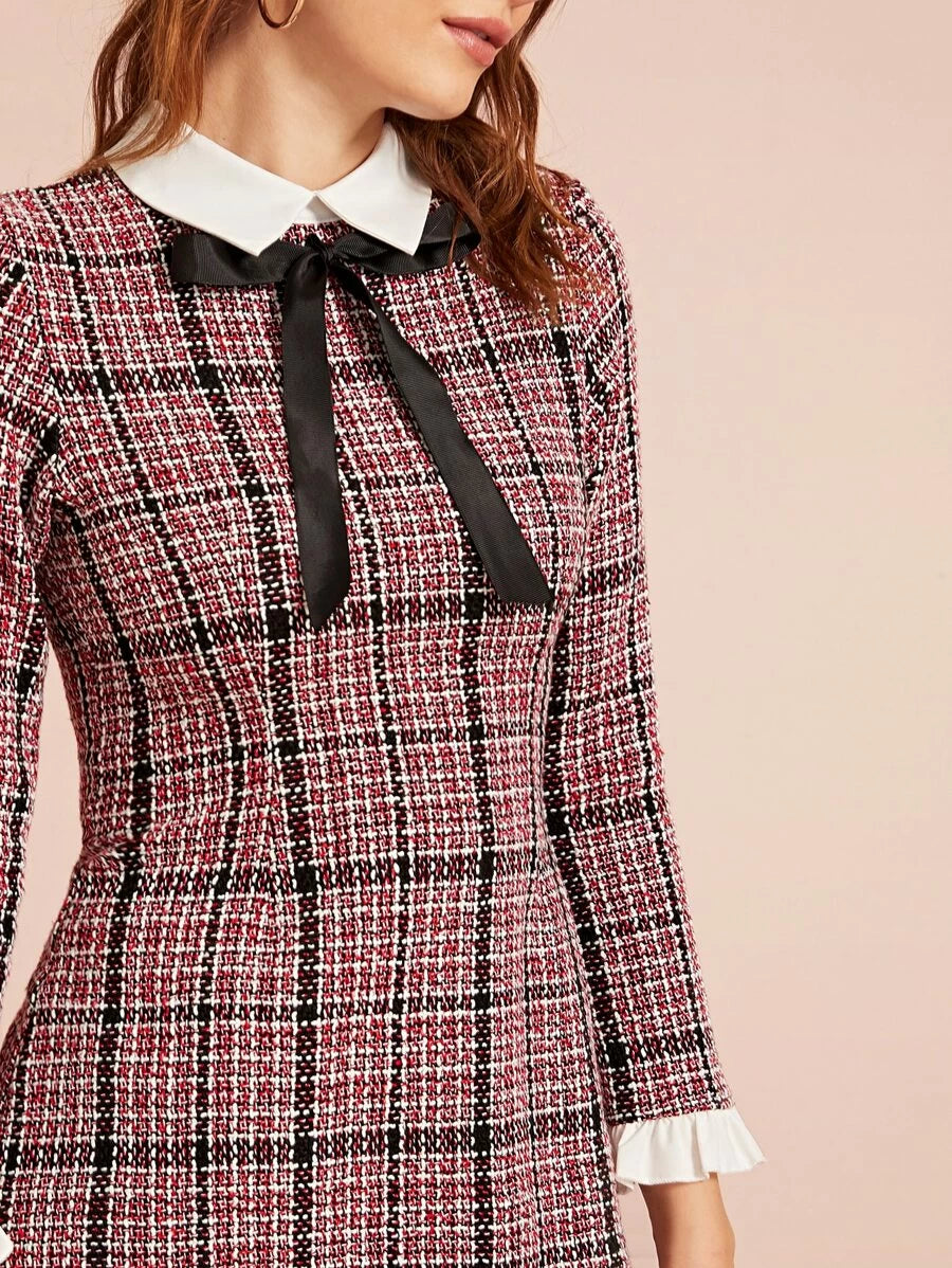 Plaid Tie Detail Ruffle Cuff Tweed Dress Periwinkley Shop