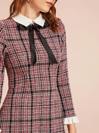 Plaid Tie Detail Ruffle Cuff Tweed Dress Periwinkley Shop