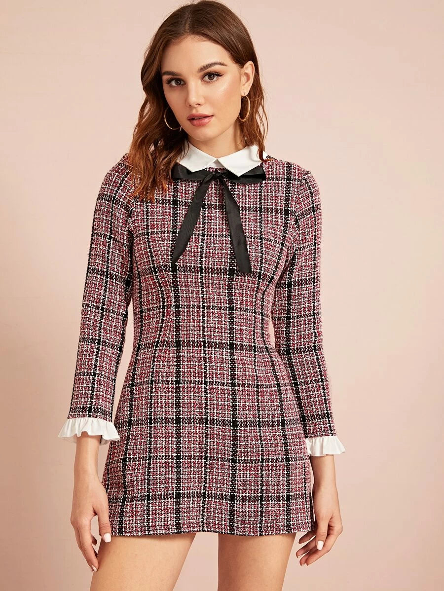 Plaid Tie Detail Ruffle Cuff Tweed Dress Periwinkley Shop