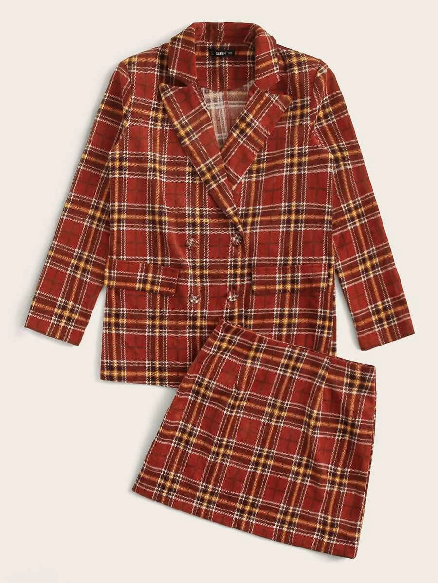 Double Breasted Tartan Blazer & Skirt Set Periwinkley Shop