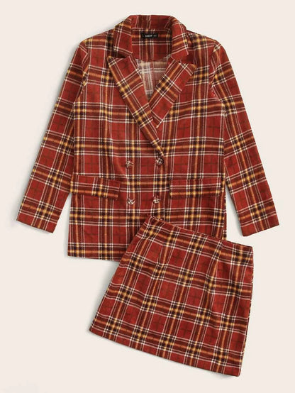 Double Breasted Tartan Blazer & Skirt Set Periwinkley Shop