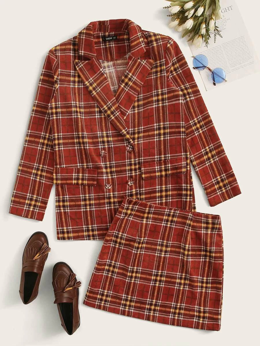 Double Breasted Tartan Blazer & Skirt Set Periwinkley Shop