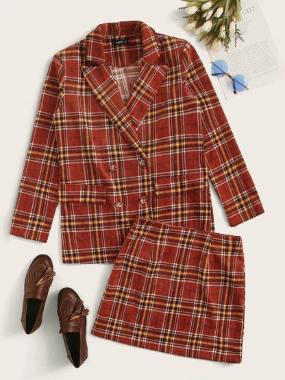 Double Breasted Tartan Blazer & Skirt Set Periwinkley Shop