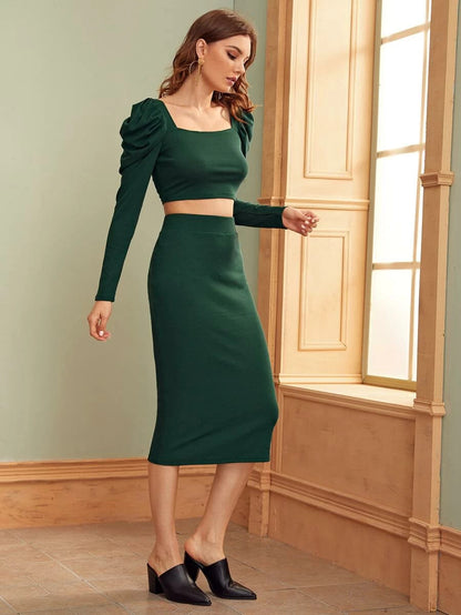 Gigot Sleeve Rib-knit Crop Top & Pencil Skirt Set Periwinkley Shop