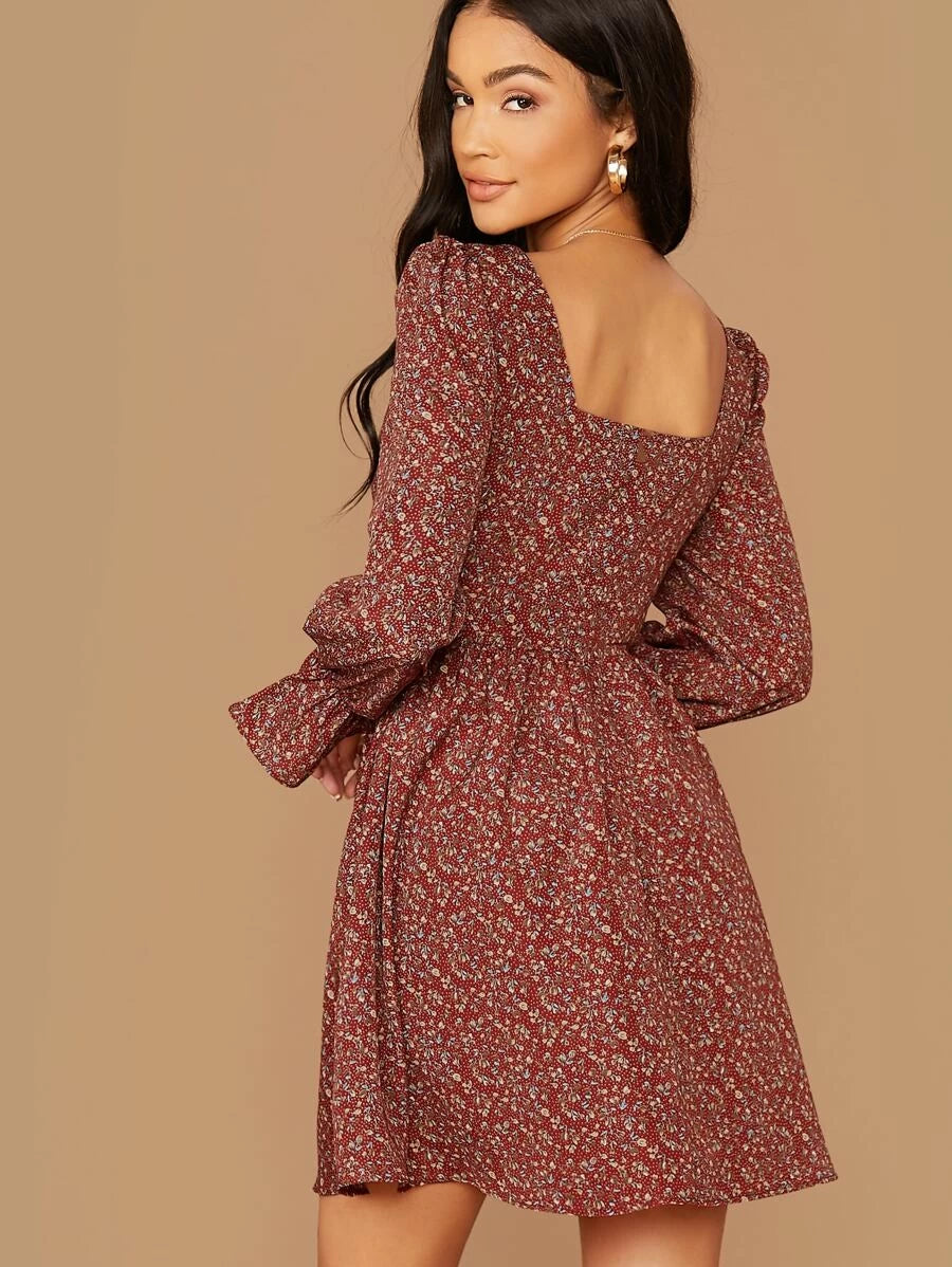 Square Neck Flounce Sleeve Ditsy Floral Dress Periwinkley Shop