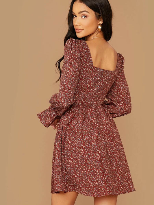 Square Neck Flounce Sleeve Ditsy Floral Dress Periwinkley Shop