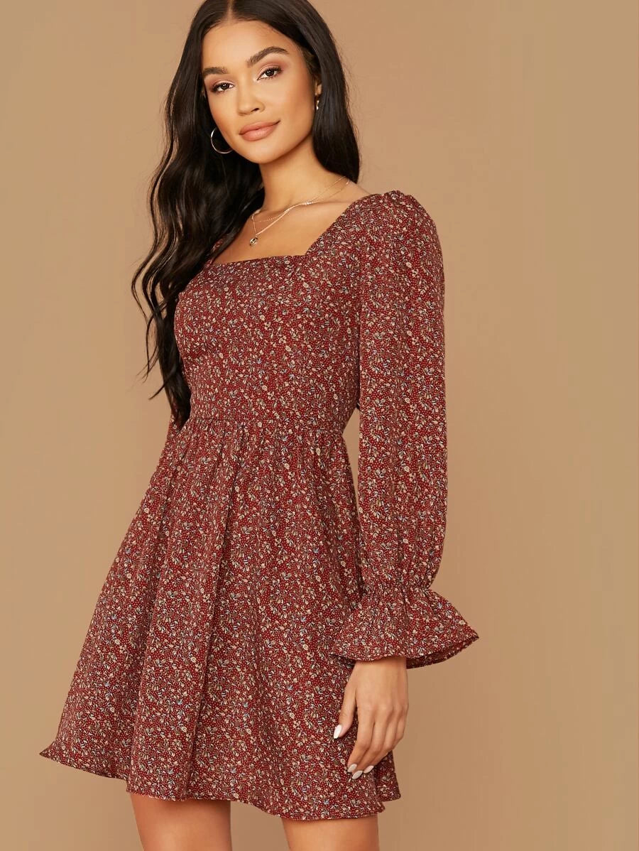 Square Neck Flounce Sleeve Ditsy Floral Dress Periwinkley Shop