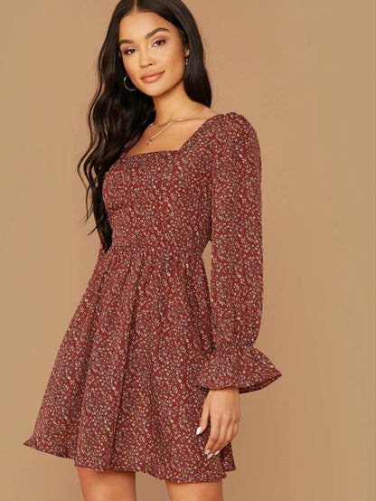 Square Neck Flounce Sleeve Ditsy Floral Dress Periwinkley Shop