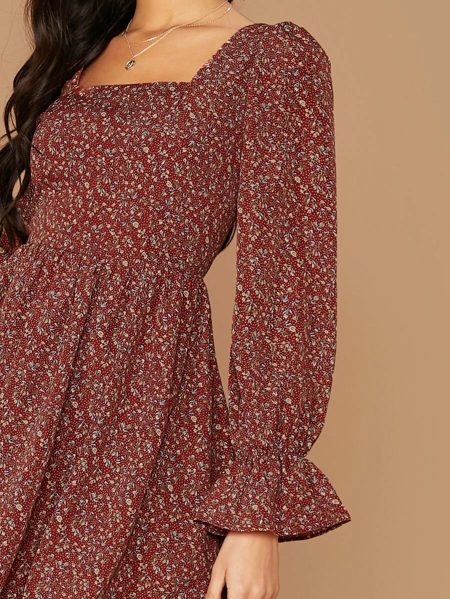 Square Neck Flounce Sleeve Ditsy Floral Dress Periwinkley Shop