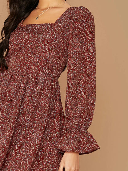 Square Neck Flounce Sleeve Ditsy Floral Dress Periwinkley Shop