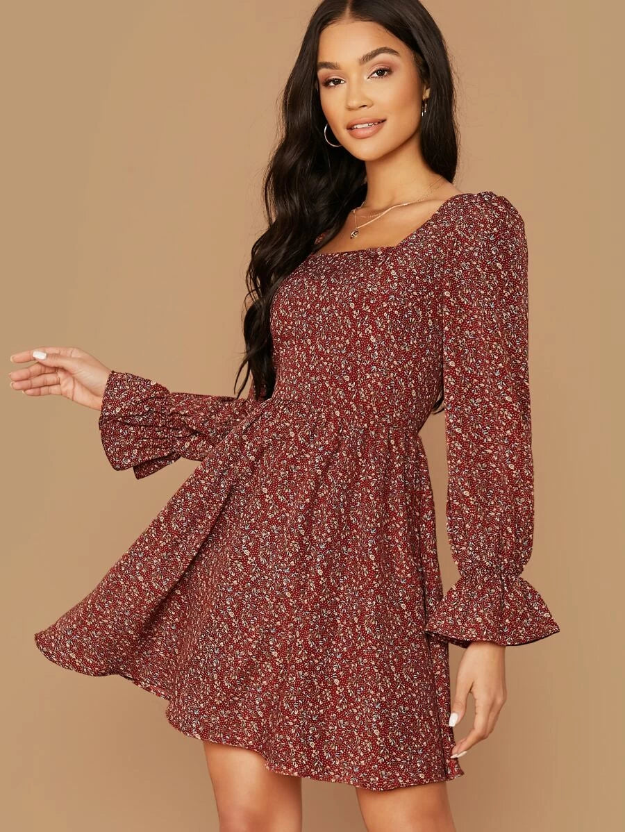 Square Neck Flounce Sleeve Ditsy Floral Dress Periwinkley Shop
