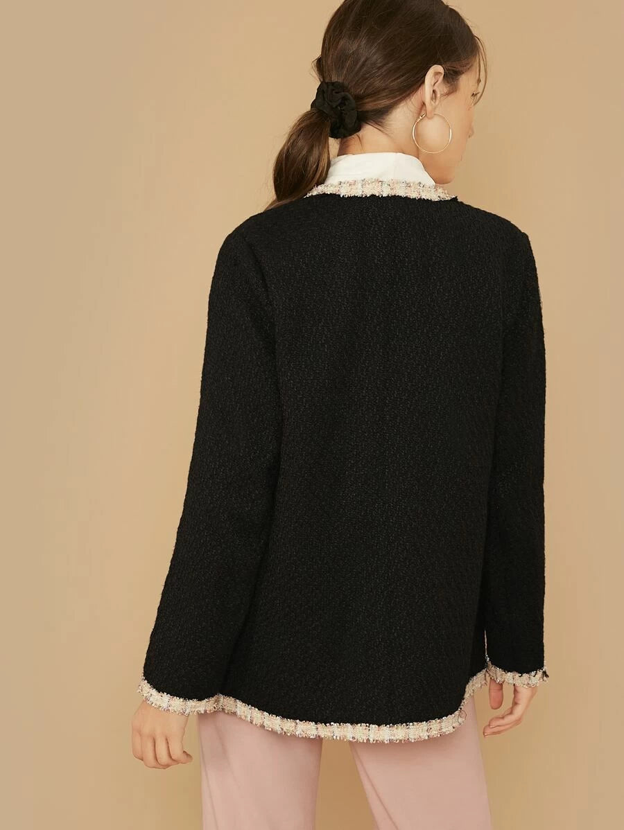 Open Front Contrast Trim Tweed Coat Periwinkley Shop