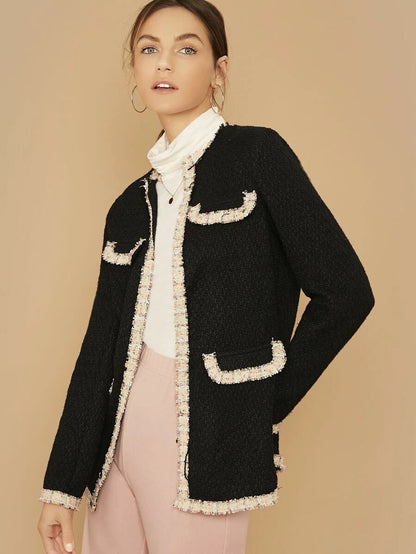 Open Front Contrast Trim Tweed Coat Periwinkley Shop