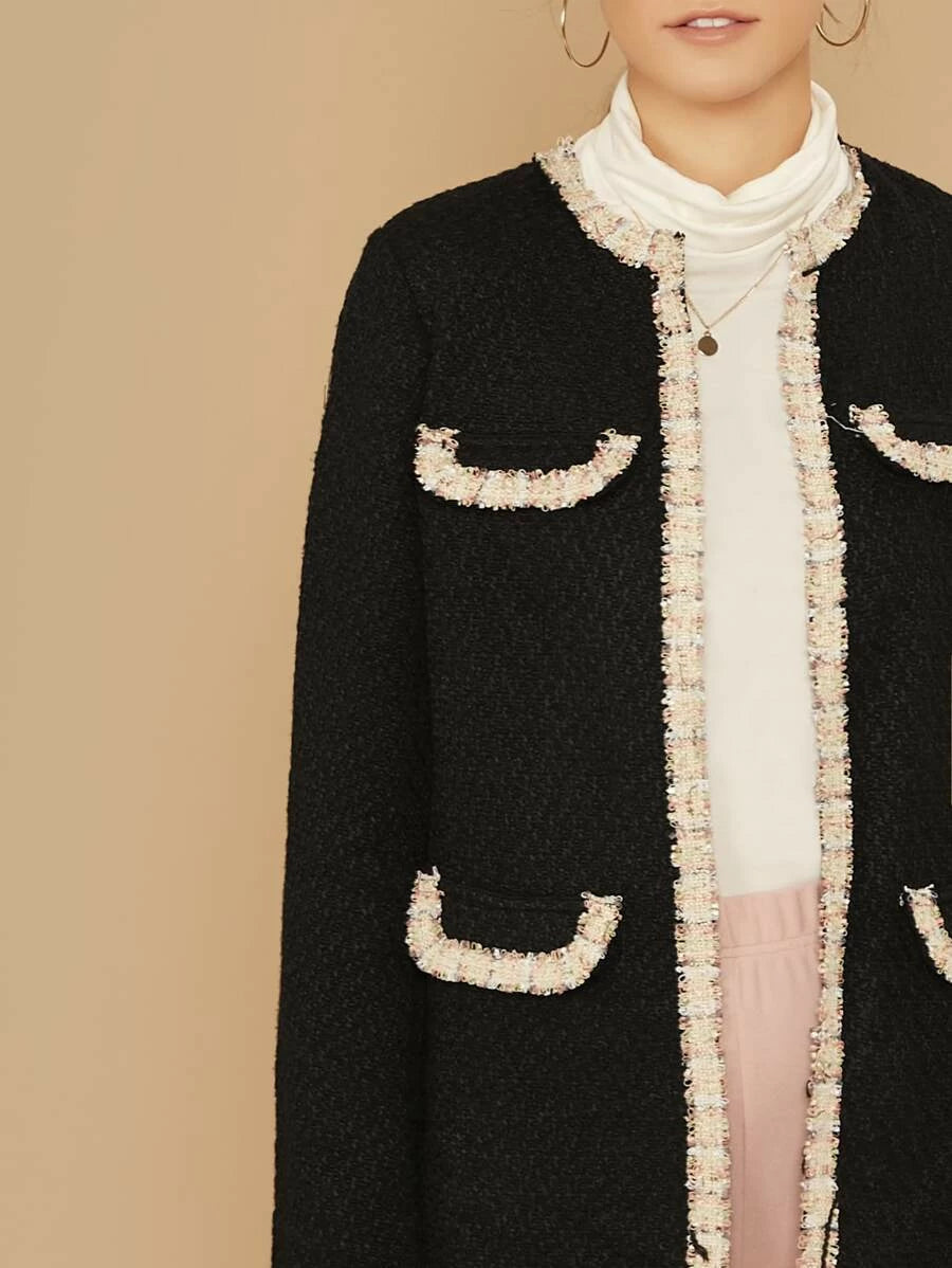 Open Front Contrast Trim Tweed Coat Periwinkley Shop