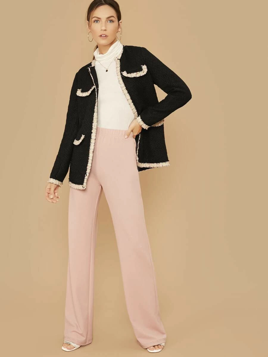 Open Front Contrast Trim Tweed Coat Periwinkley Shop