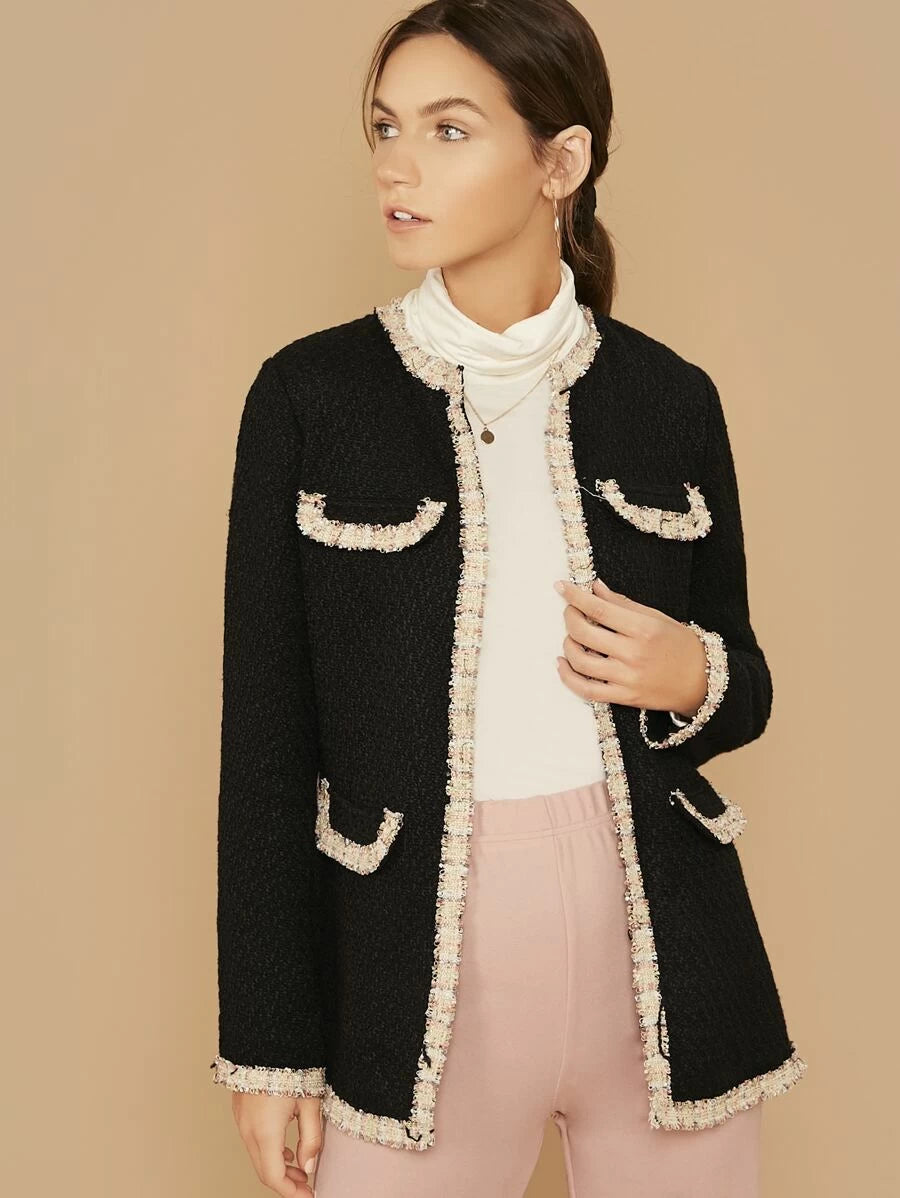 Open Front Contrast Trim Tweed Coat Periwinkley Shop