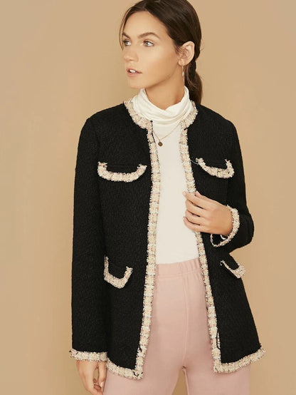 Open Front Contrast Trim Tweed Coat Periwinkley Shop