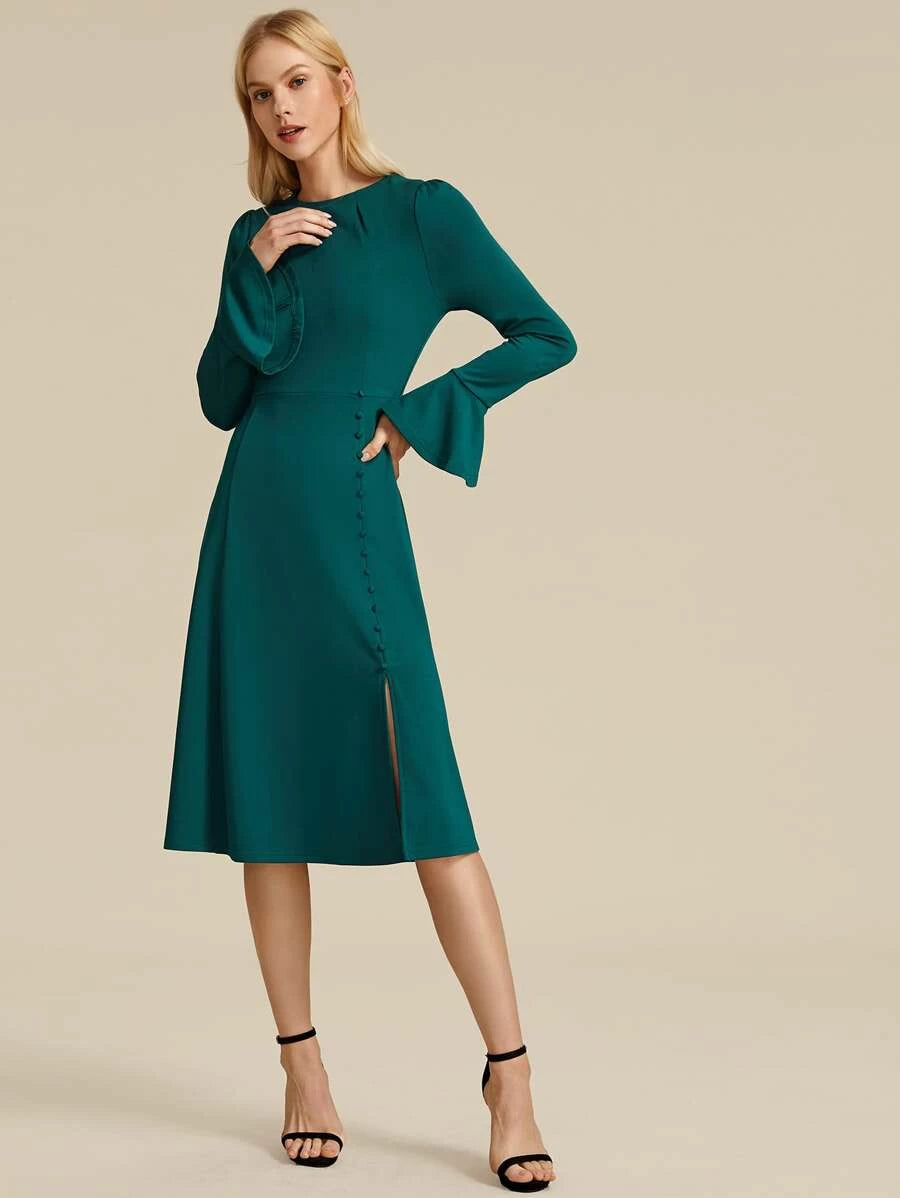 Bell Sleeve Button Up Split Hem Dress Periwinkley Shop