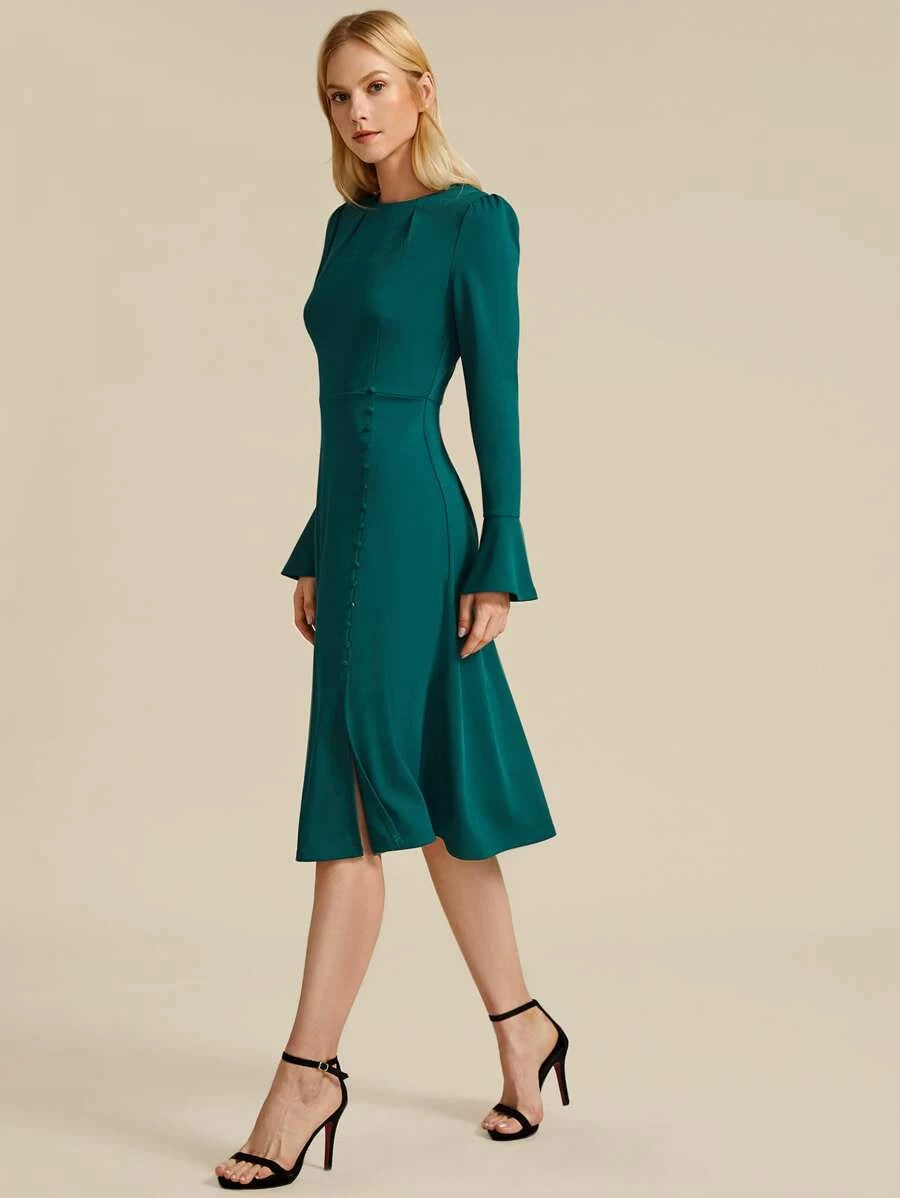 Bell Sleeve Button Up Split Hem Dress Periwinkley Shop