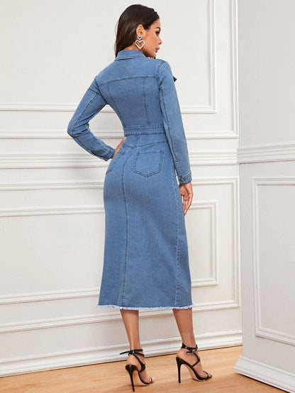 Button Front Raw Hem Denim Dress Periwinkley Shop