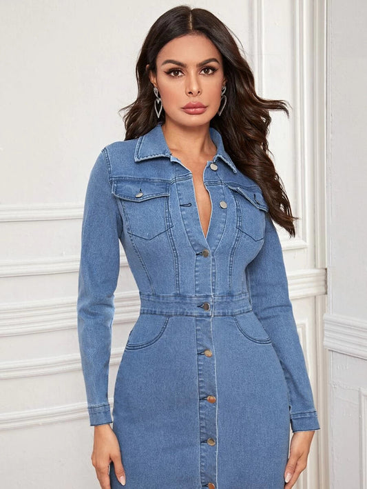 Button Front Raw Hem Denim Dress Periwinkley Shop