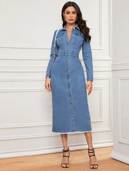 Button Front Raw Hem Denim Dress Periwinkley Shop