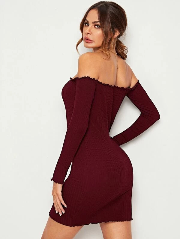 Off Shoulder Lettuce Trim Rib-knit Dress Periwinkley Shop