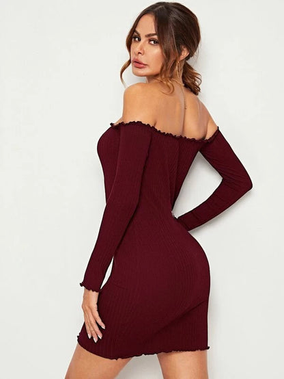 Off Shoulder Lettuce Trim Rib-knit Dress Periwinkley Shop