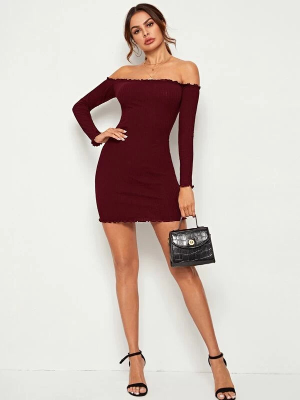 Off Shoulder Lettuce Trim Rib-knit Dress Periwinkley Shop