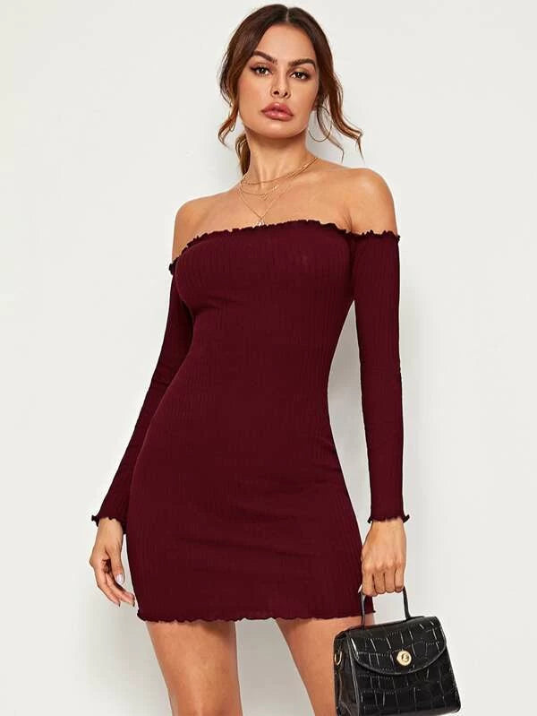 Off Shoulder Lettuce Trim Rib-knit Dress Periwinkley Shop