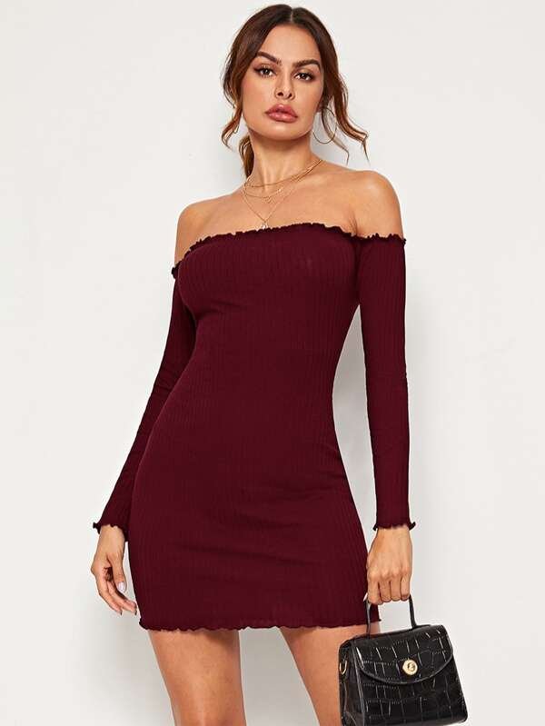 Off Shoulder Lettuce Trim Rib-knit Dress Periwinkley Shop