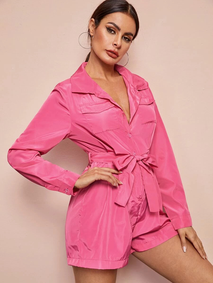 Solid Button Through Belted Romper Periwinkley Shop