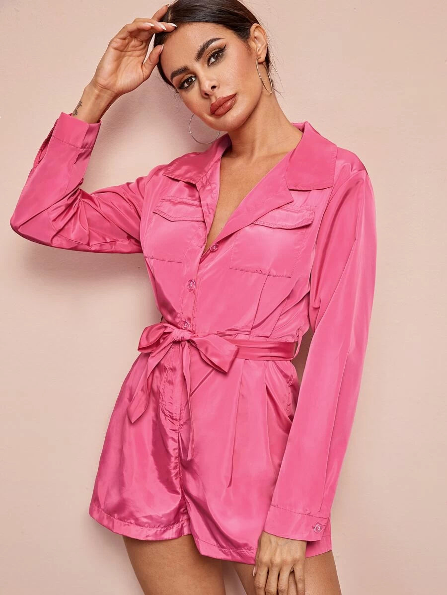 Solid Button Through Belted Romper Periwinkley Shop