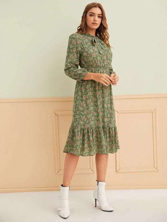 Plants Print Tie Neck Dress Periwinkley Shop