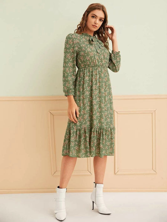 Plants Print Tie Neck Dress Periwinkley Shop