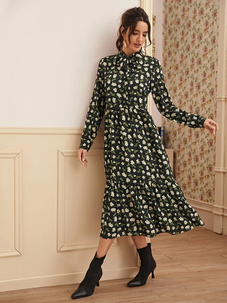 Floral Print Tie Neck Chiffon Dress Periwinkley Shop