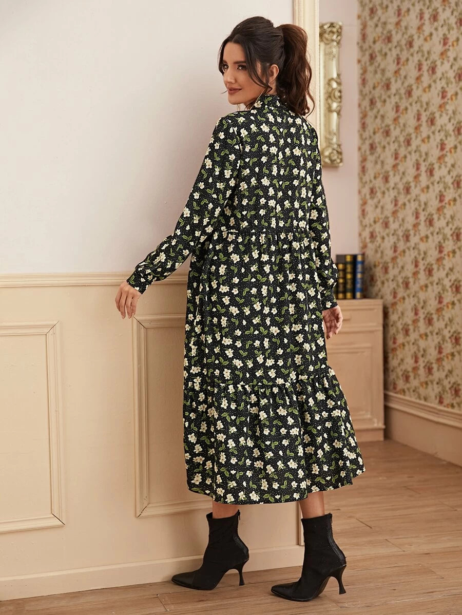 Floral Print Tie Neck Chiffon Dress Periwinkley Shop