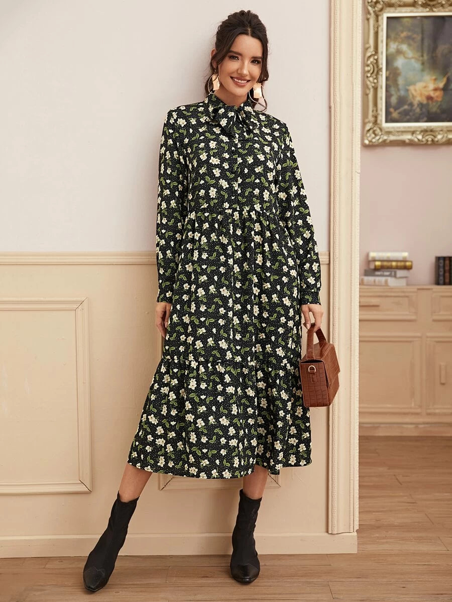 Floral Print Tie Neck Chiffon Dress Periwinkley Shop