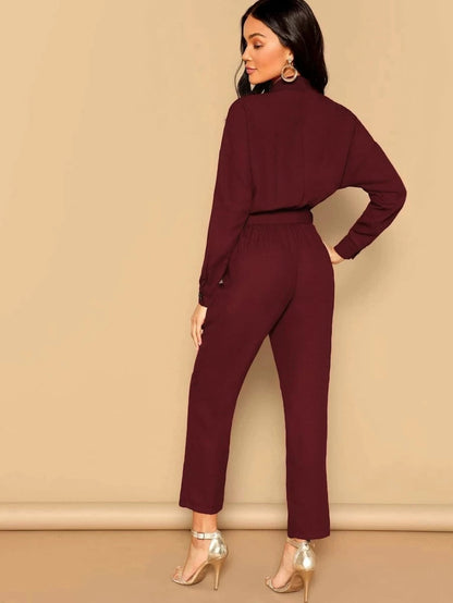 Drop Shoulder Button Front Self Belted Jumpsuit Periwinkley Shop