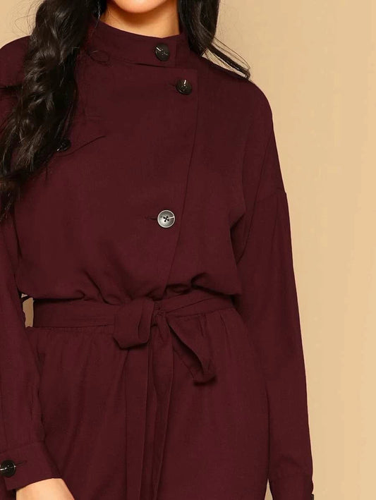 Drop Shoulder Button Front Self Belted Jumpsuit Periwinkley Shop