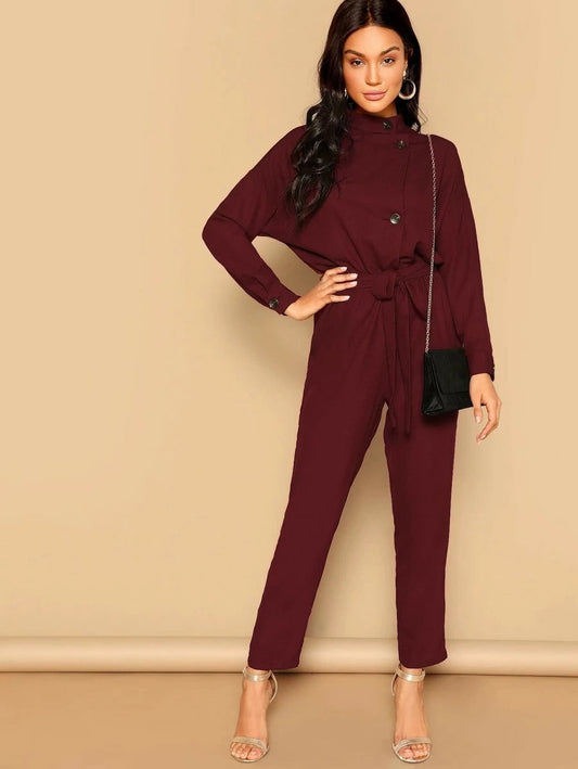 Drop Shoulder Button Front Self Belted Jumpsuit Periwinkley Shop