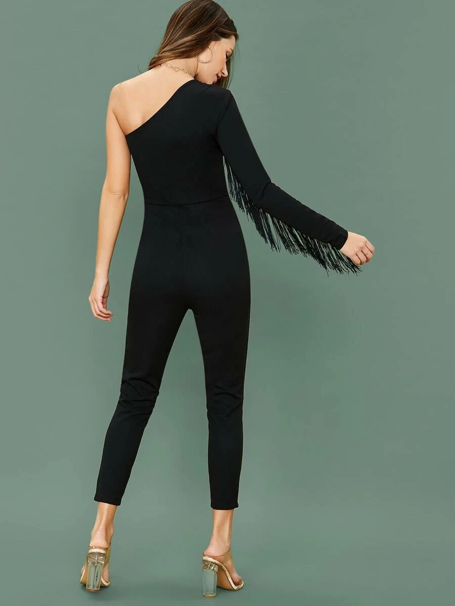 One Shoulder Fringe Trim Cropped Jumpsuit Periwinkley Shop