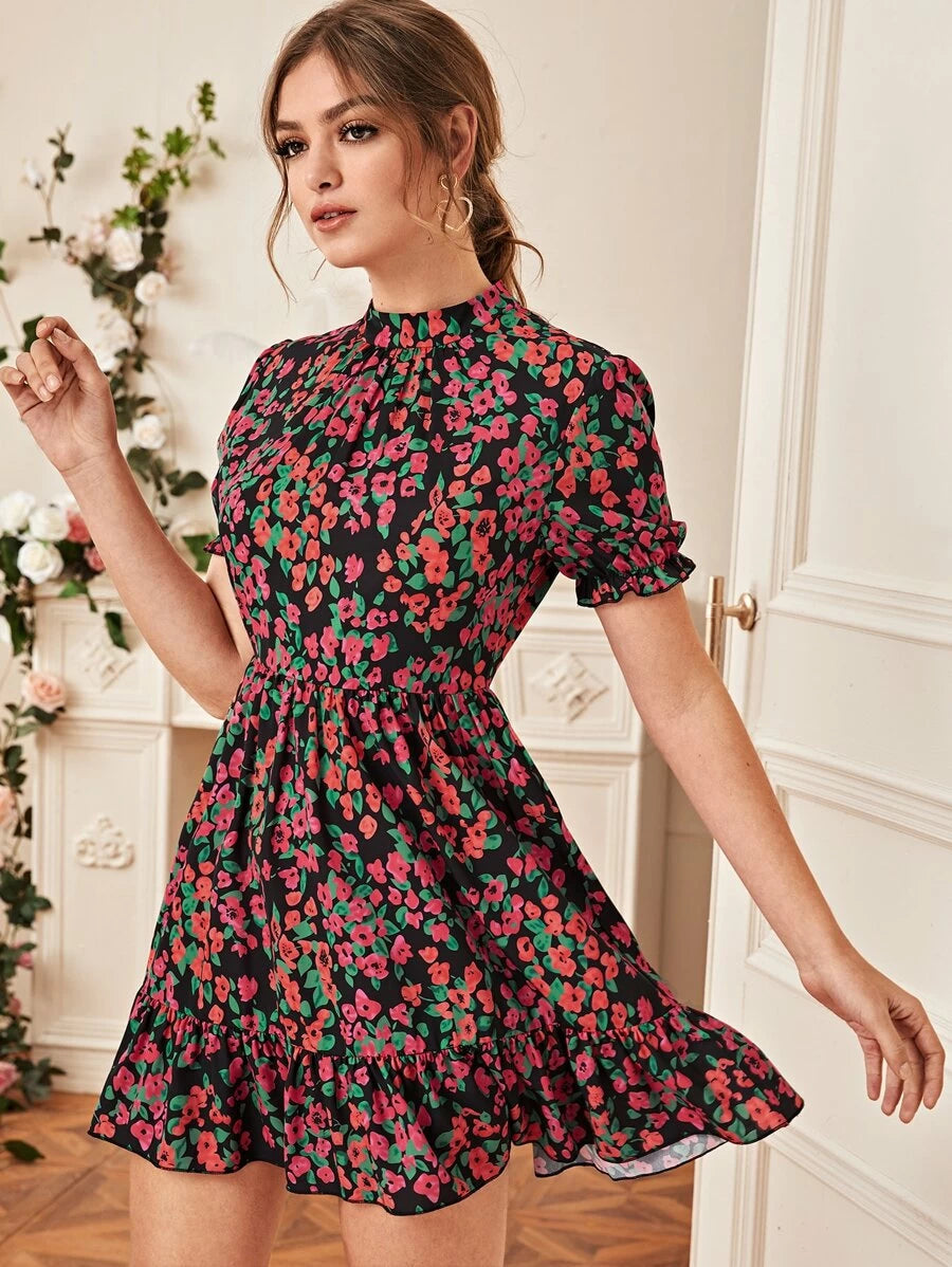 Floral Print Zip Back Ruffle Hem Dress Periwinkley Shop