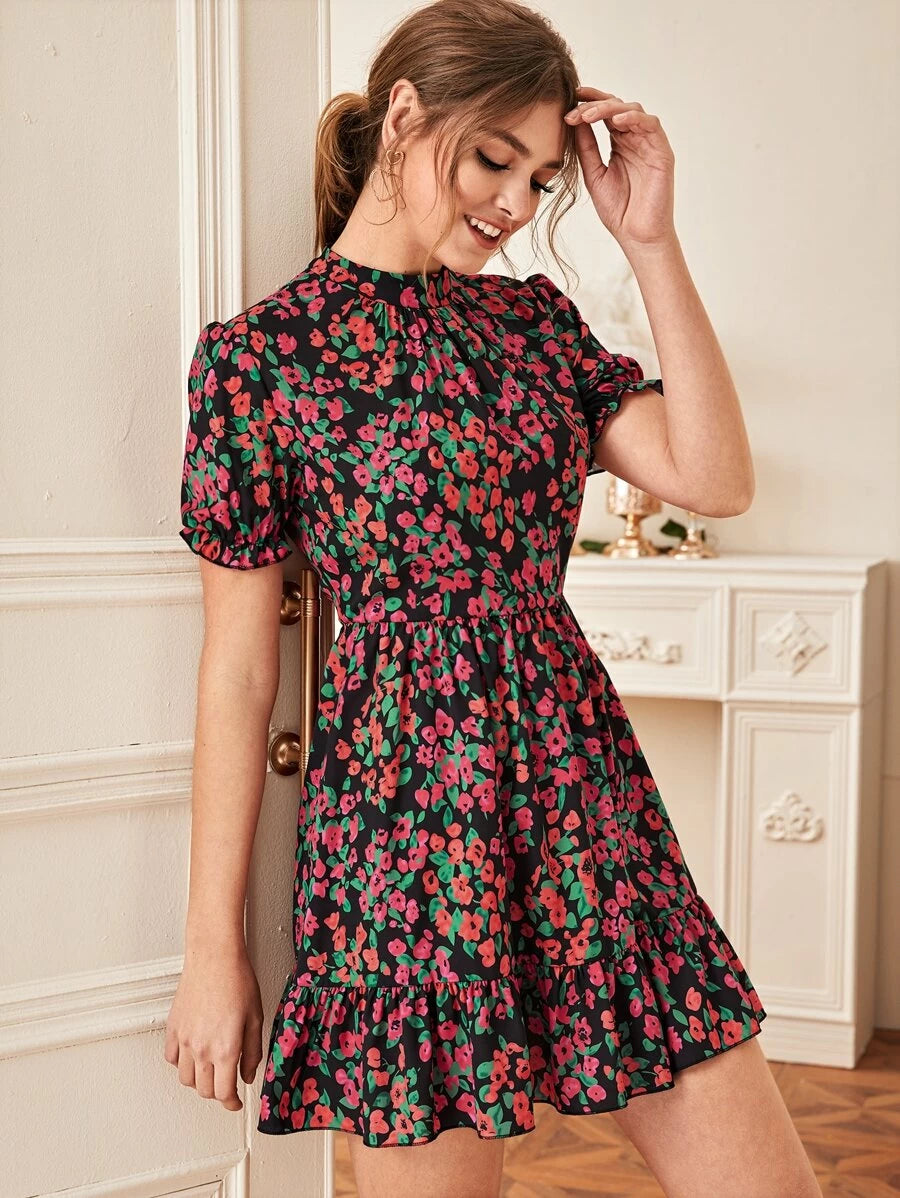 Floral Print Zip Back Ruffle Hem Dress Periwinkley Shop