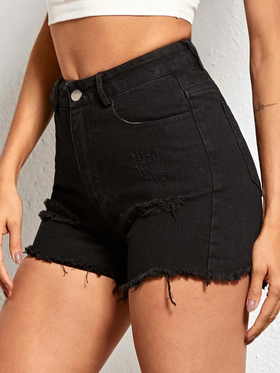 Ripped Raw Hem Denim Shorts Periwinkley Shop