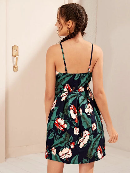 Leaf Floral Print Random Box Pleat Cami Dress Periwinkley Shop